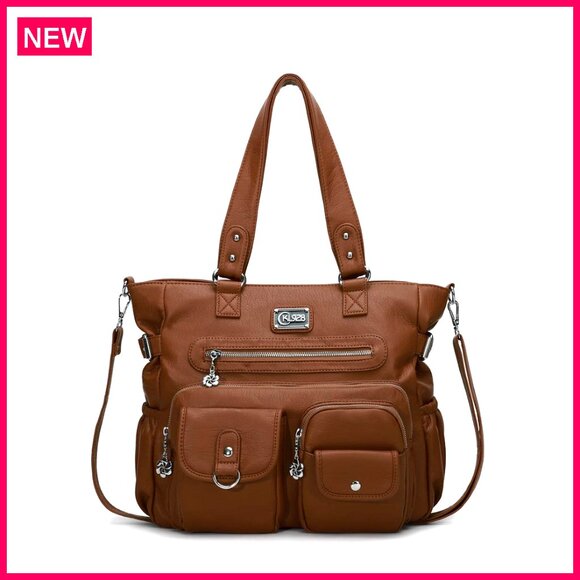 Large Vegan Leather Tote Bag with Detachable Strap Multiple Pockets